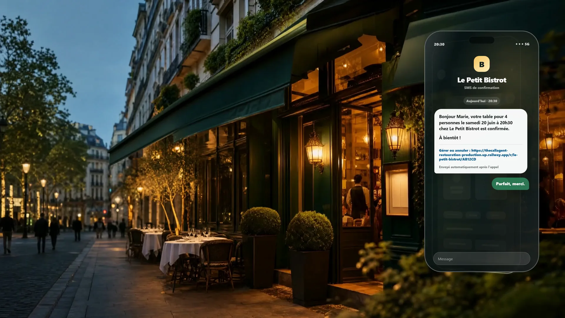 Facade de restaurant avec assistant IA de reservation
